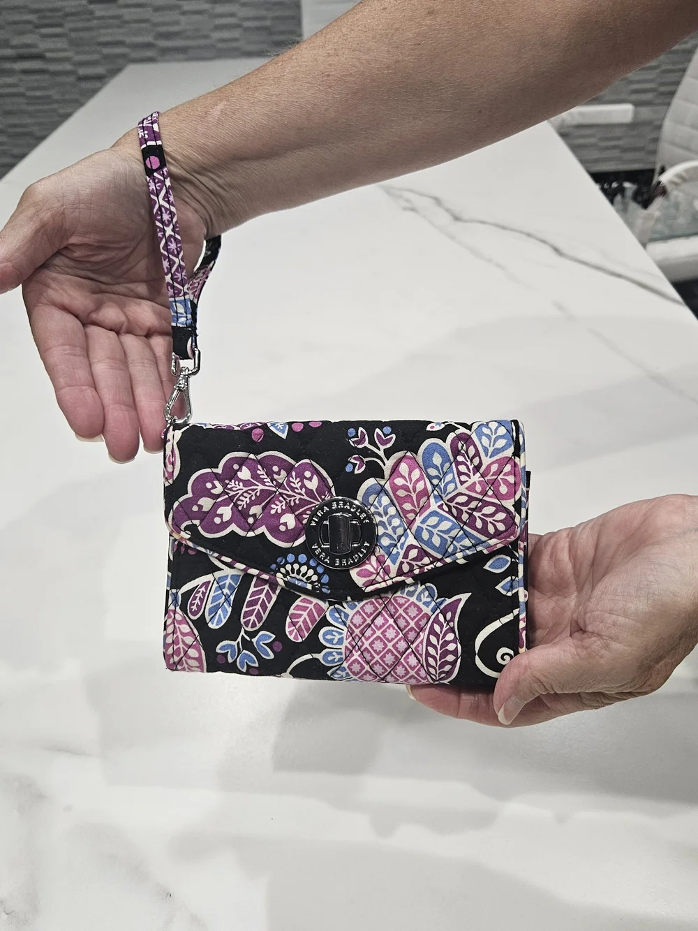Vera Bradley Black Wristlet with Purple and Blue Floral Print
